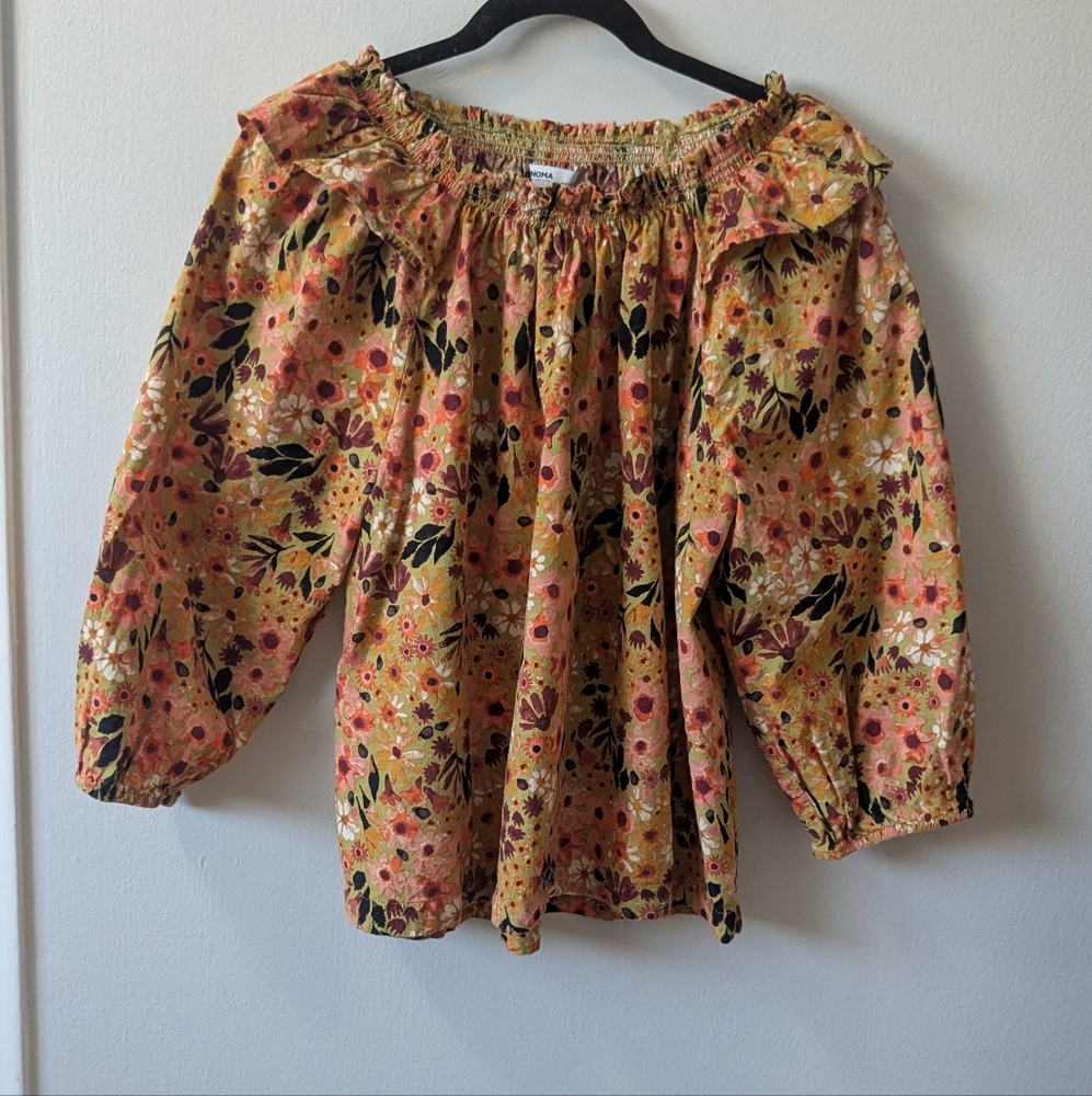 Sonoma Floral Blouse with Smocked Neckline Puff Sleeves 100%cotton SzXL